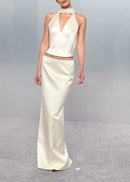 Uveria Ivory Plunge Neck Satin Top & Skirt Set
