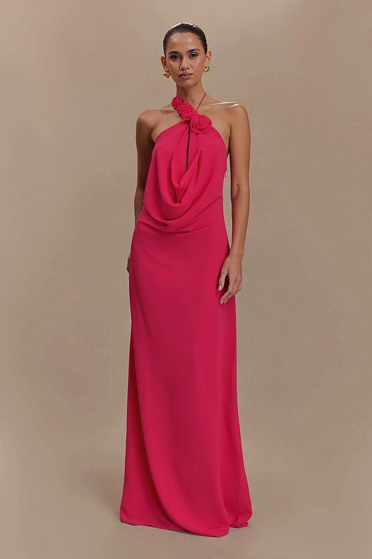 Janusz Halter Floral Maxi Dress In Hot Pink
