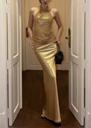 Zymera Halterneck Rhinestone Mesh Skirt Set