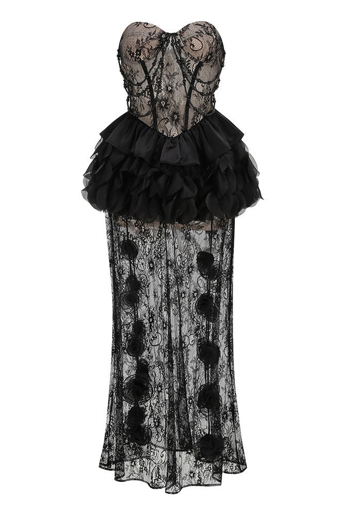 Cindrel Strapless Lace Ruffle Maxi Dress