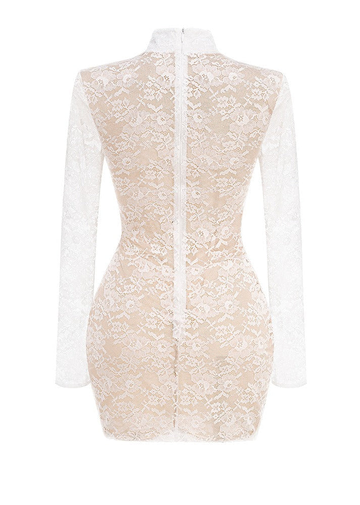 Yxalira Lace Jacquard Fishbone Bodycon Mini Dress In White