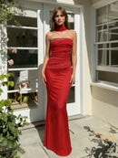 Daeira Strapless Crystal Draped Maxi Dress In Red