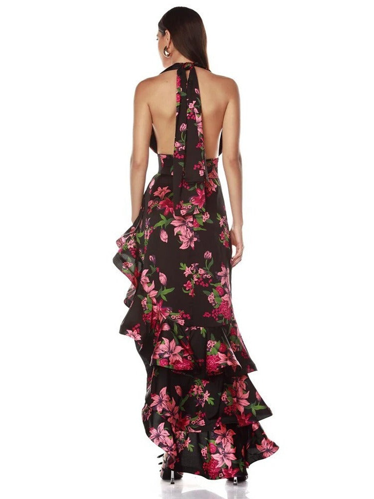 Zorena Asymmetric Floral Ruffle Maxi Dress
