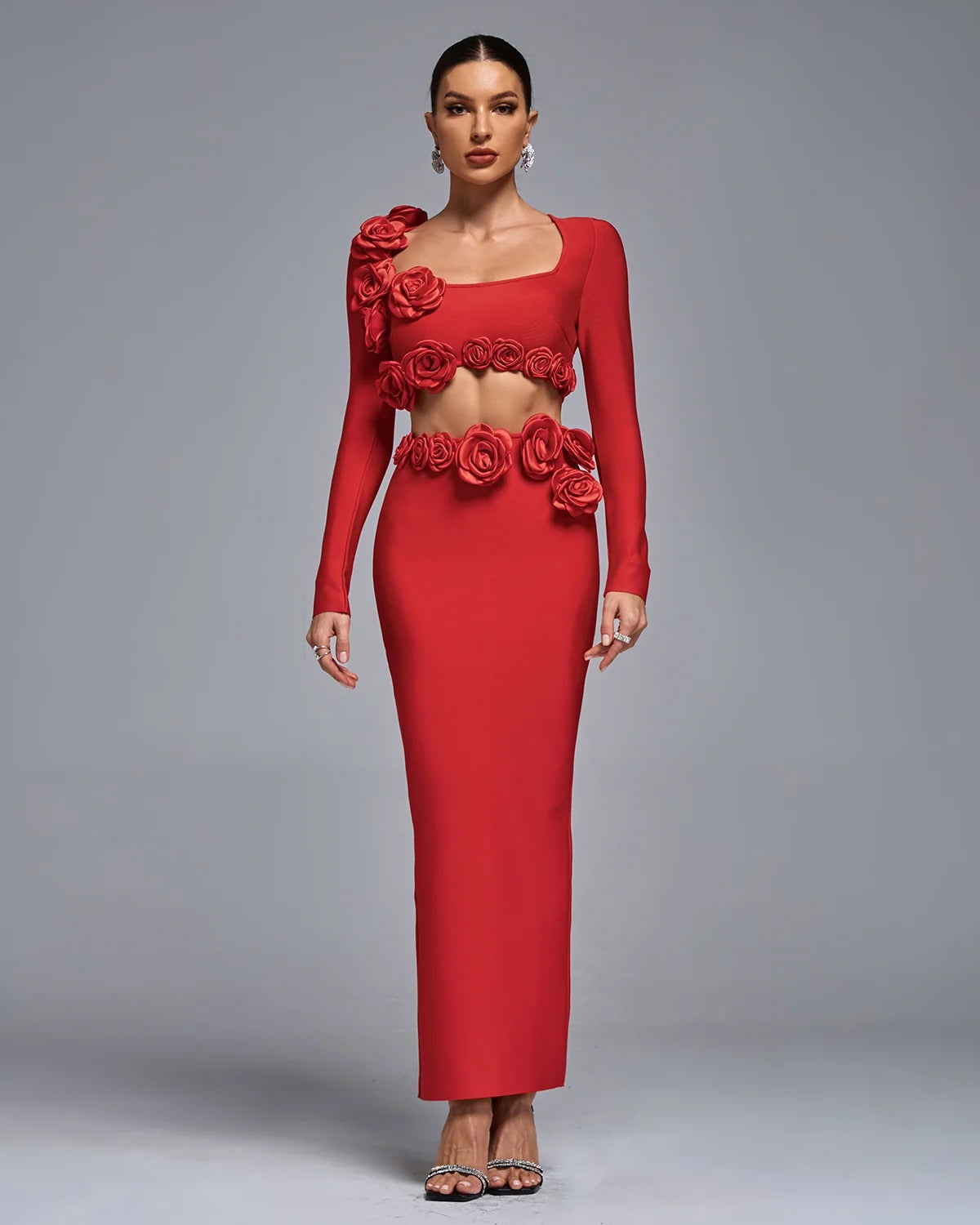 Dellis Flower Bandage Skirt Set In Red