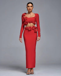 Dellis Flower Bandage Skirt Set In Red