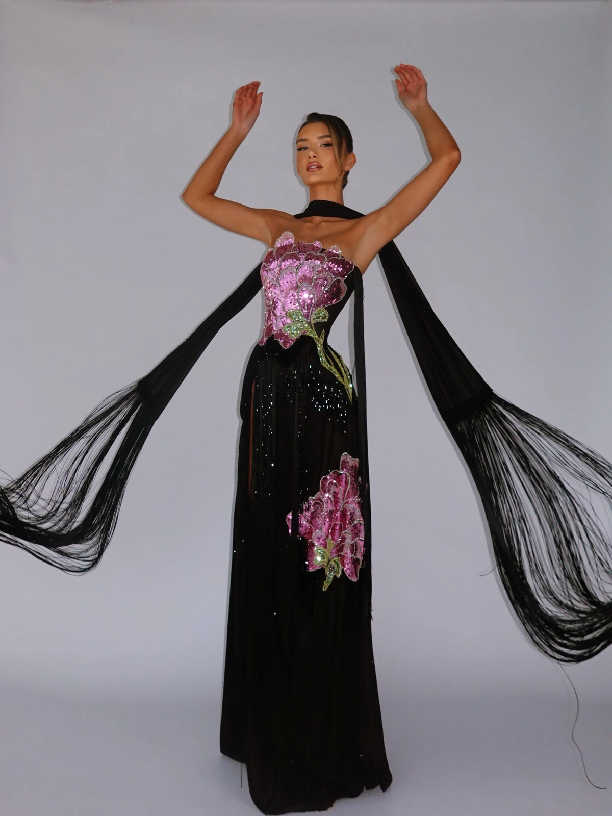 Caveris Strapless Embroidered Tassel Maxi Dress