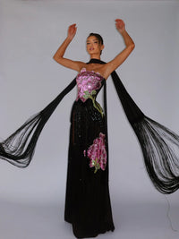 Caveris Strapless Embroidered Tassel Maxi Dress