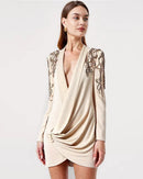 Katrina Long Sleeve Crystal Draped Blazer Dress In Ivory