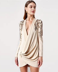 Katrina Long Sleeve Crystal Draped Blazer Dress In Ivory