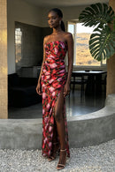 Kessari Strapless Red Floral Ruched Side Split Maxi Dress