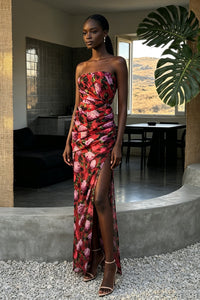 Kessari Strapless Red Floral Ruched Side Split Maxi Dress