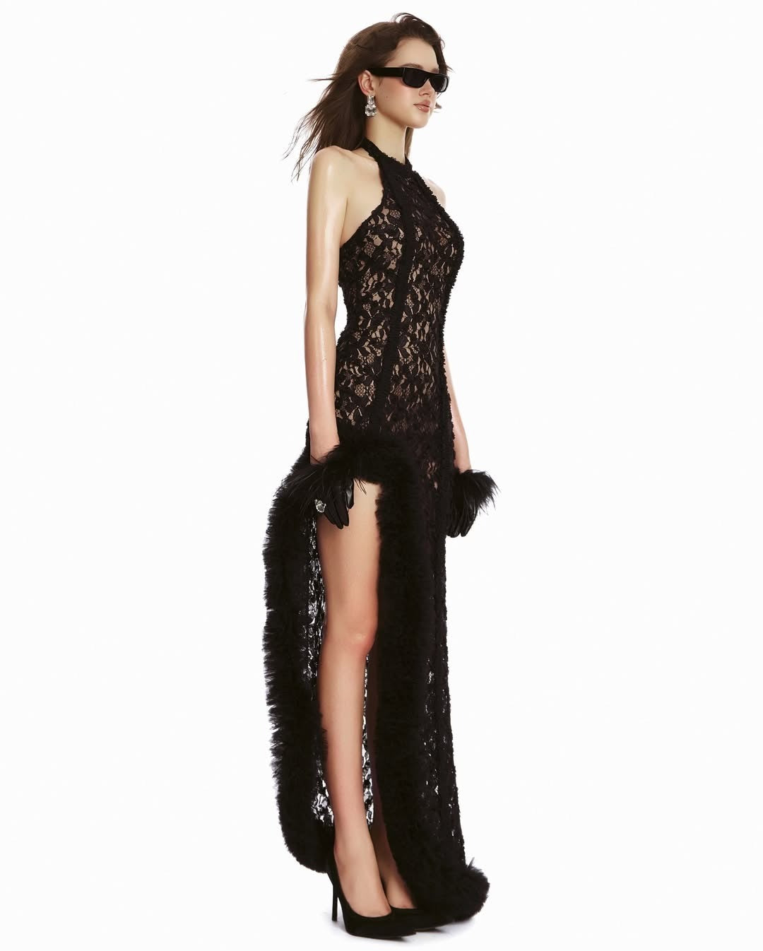 Fedella Asymmetric Cutout Lace Maxi Dress