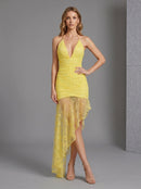 Iovrek Yellow Halter Neck Lace Maxi Dress