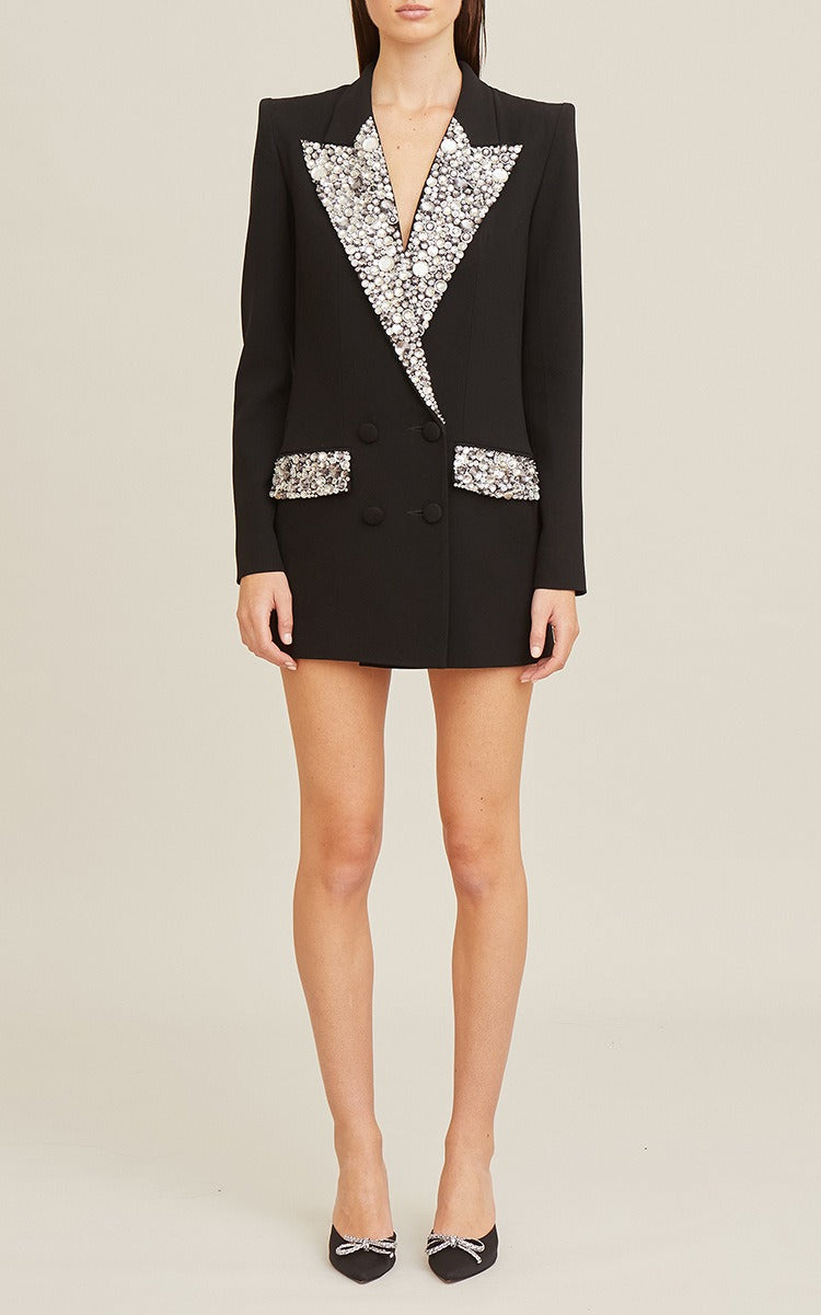 Finees Crystal Lapel Blazer Mini Dress In Black