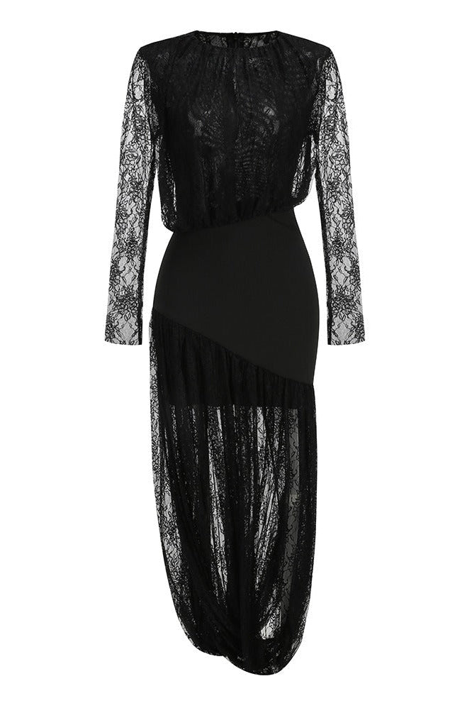 Savenzi Lace Draped Split Maxi Dress