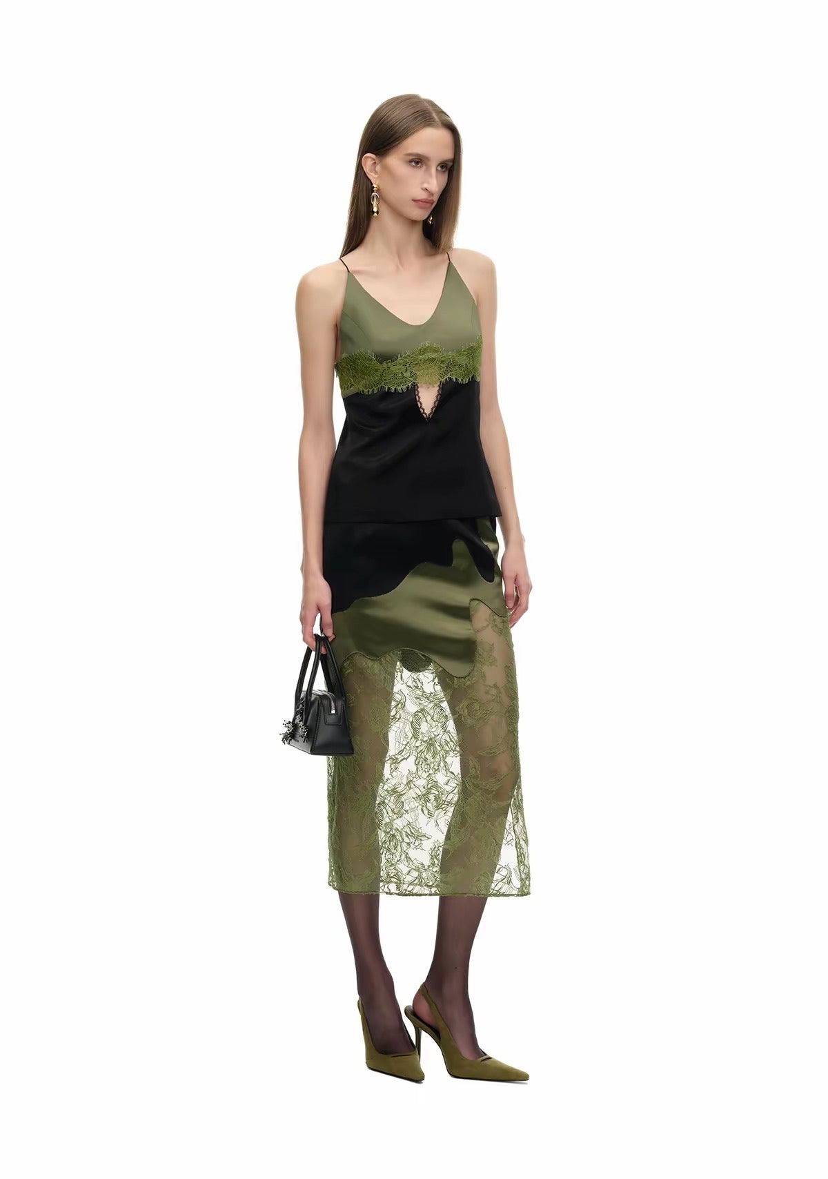 Deyvon Olive Green Lace Spaghetti Strap Top & Skirt Set