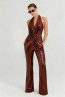 Lizbeth Halter Draped Sequin Jumpsuit In Brown