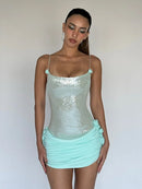 Quivyx Sequin Floral Draped Corset Mini Dress In Green