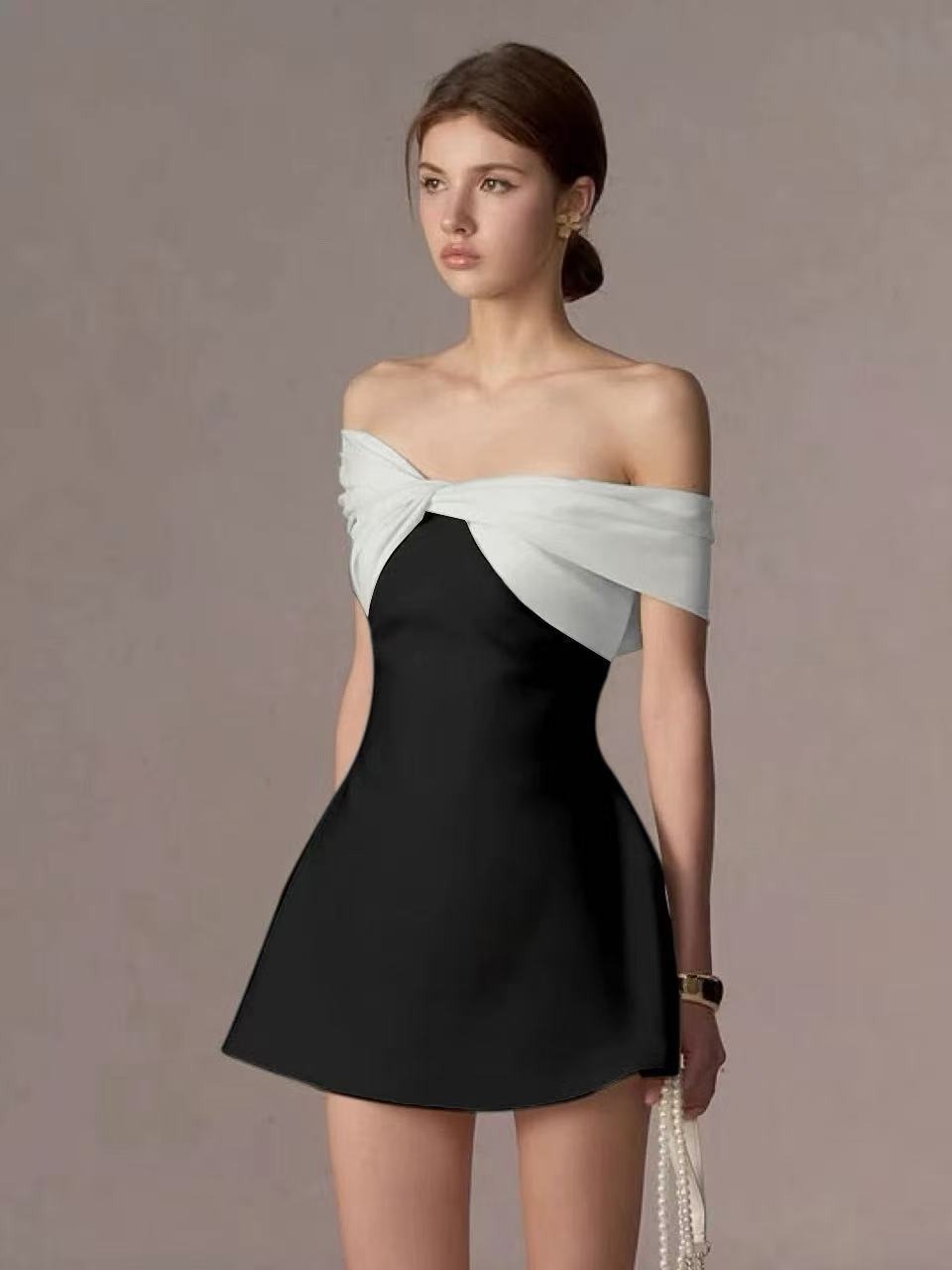 Grimric Black Off Shoulder Mini Dress with Twist Front