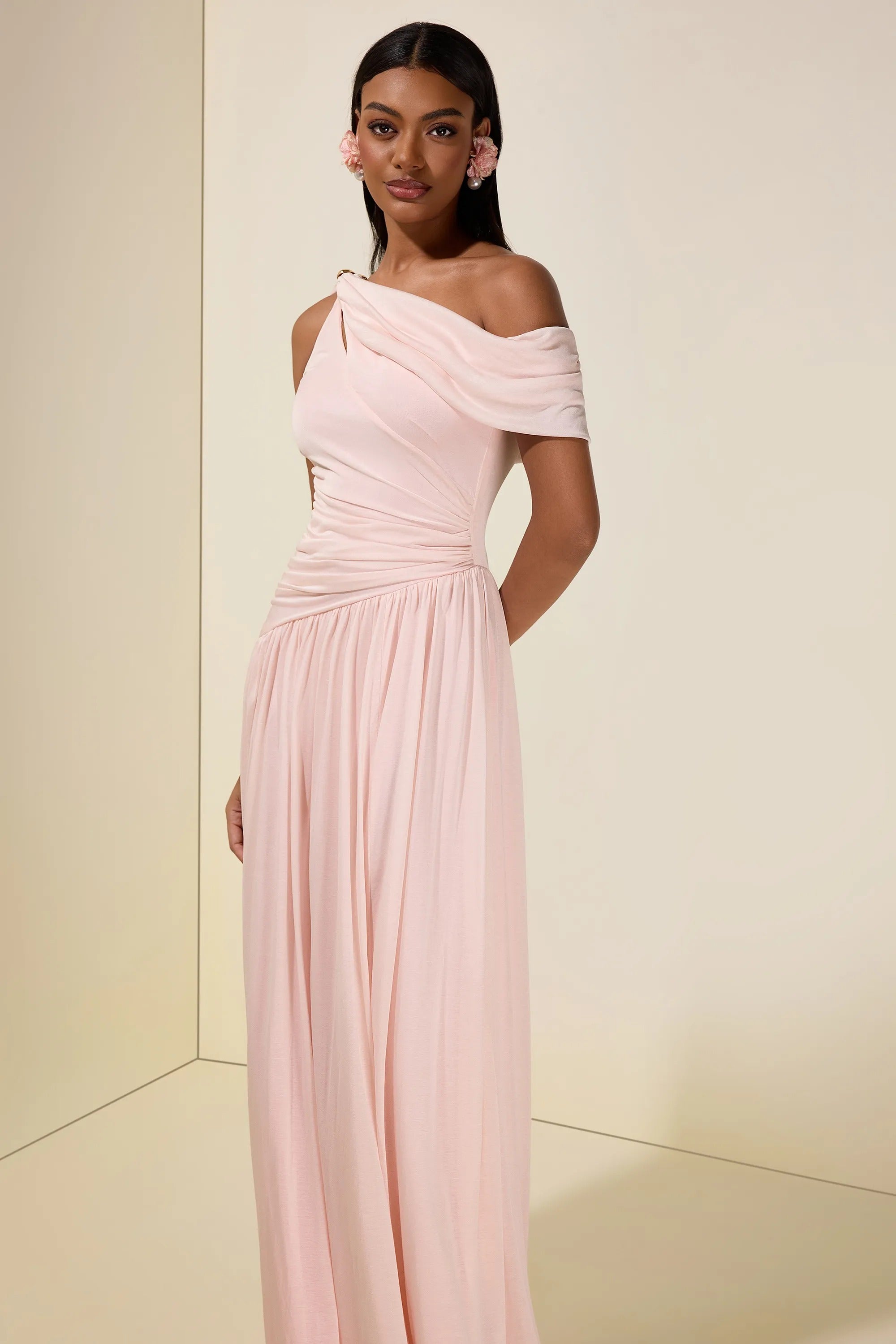 Elese Pink Asymmetrical Gathered Maxi Dress
