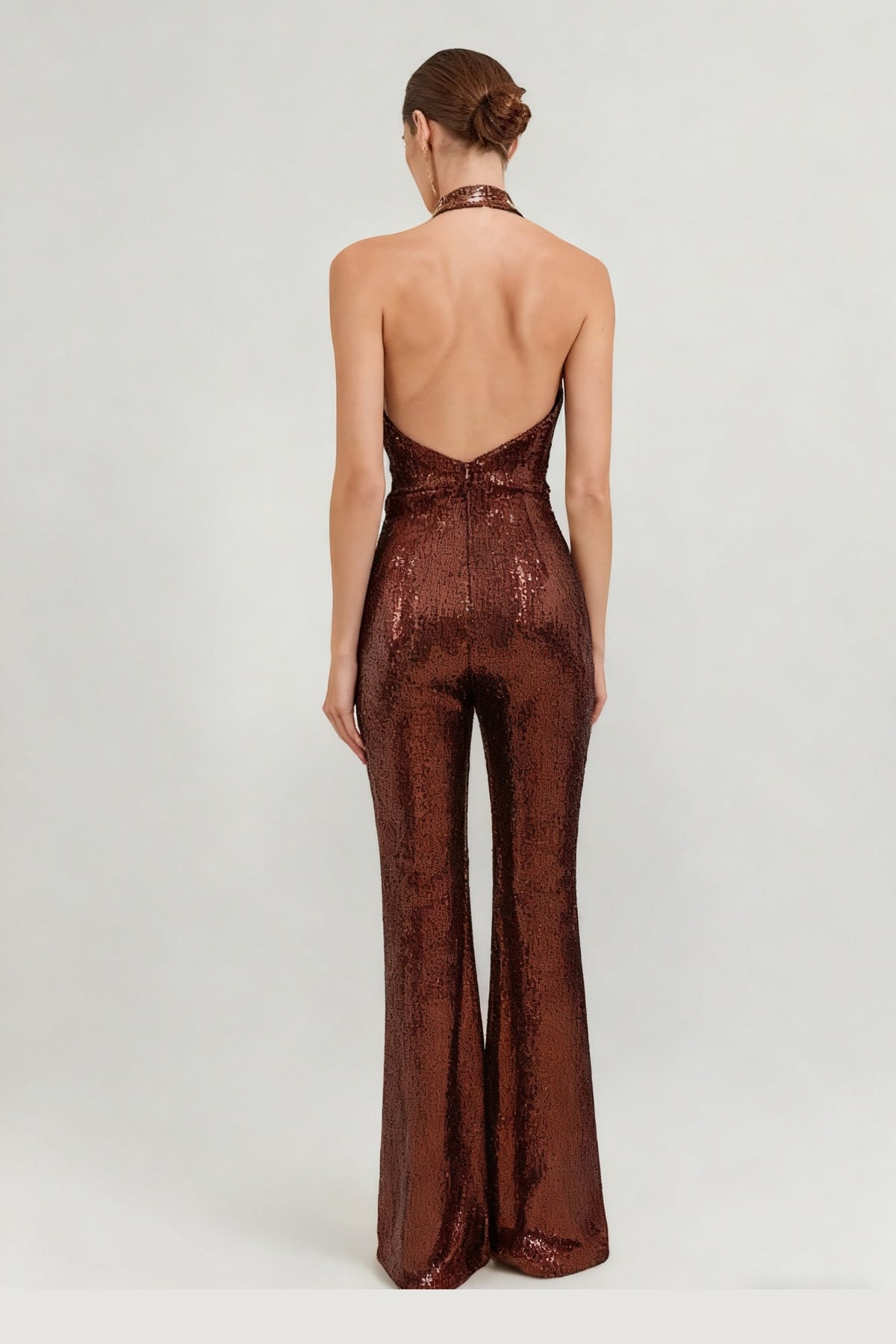 Lizbeth Halter Draped Sequin Jumpsuit In Brown