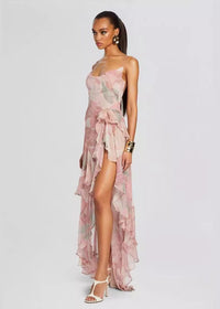 Ares Floral-Print Ruffled Silk Midi Dress In Pink