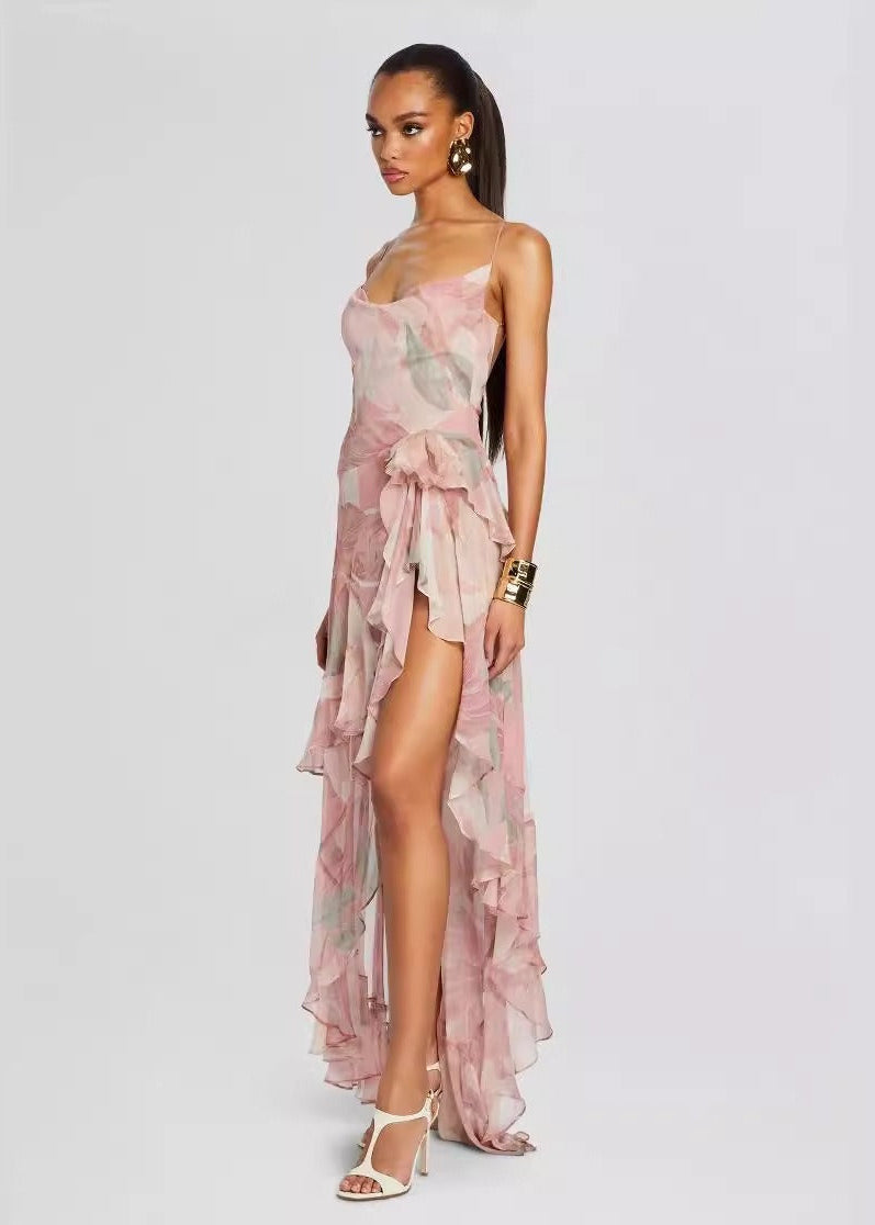 Ares Floral-Print Ruffled Silk Midi Dress In Pink