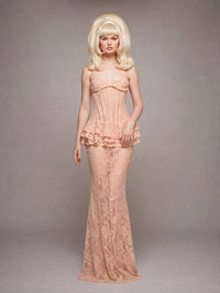 Luvren Pink Strapless Lace Peplum Maxi Dress