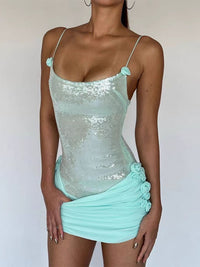 Quivyx Sequin Floral Draped Corset Mini Dress In Green
