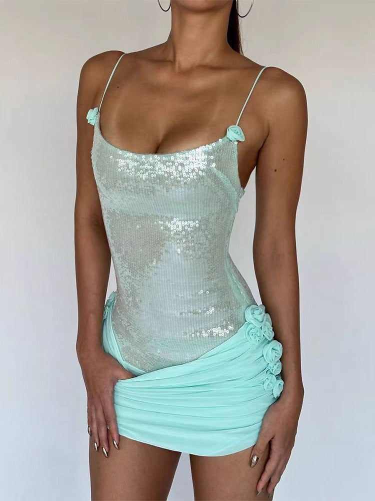 Quivyx Sequin Floral Draped Corset Mini Dress In Green