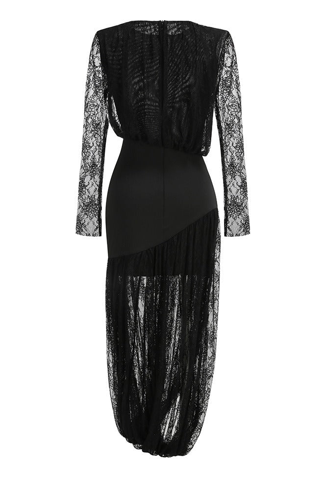 Savenzi Lace Draped Split Maxi Dress