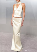 Uveria Ivory Plunge Neck Satin Top & Skirt Set