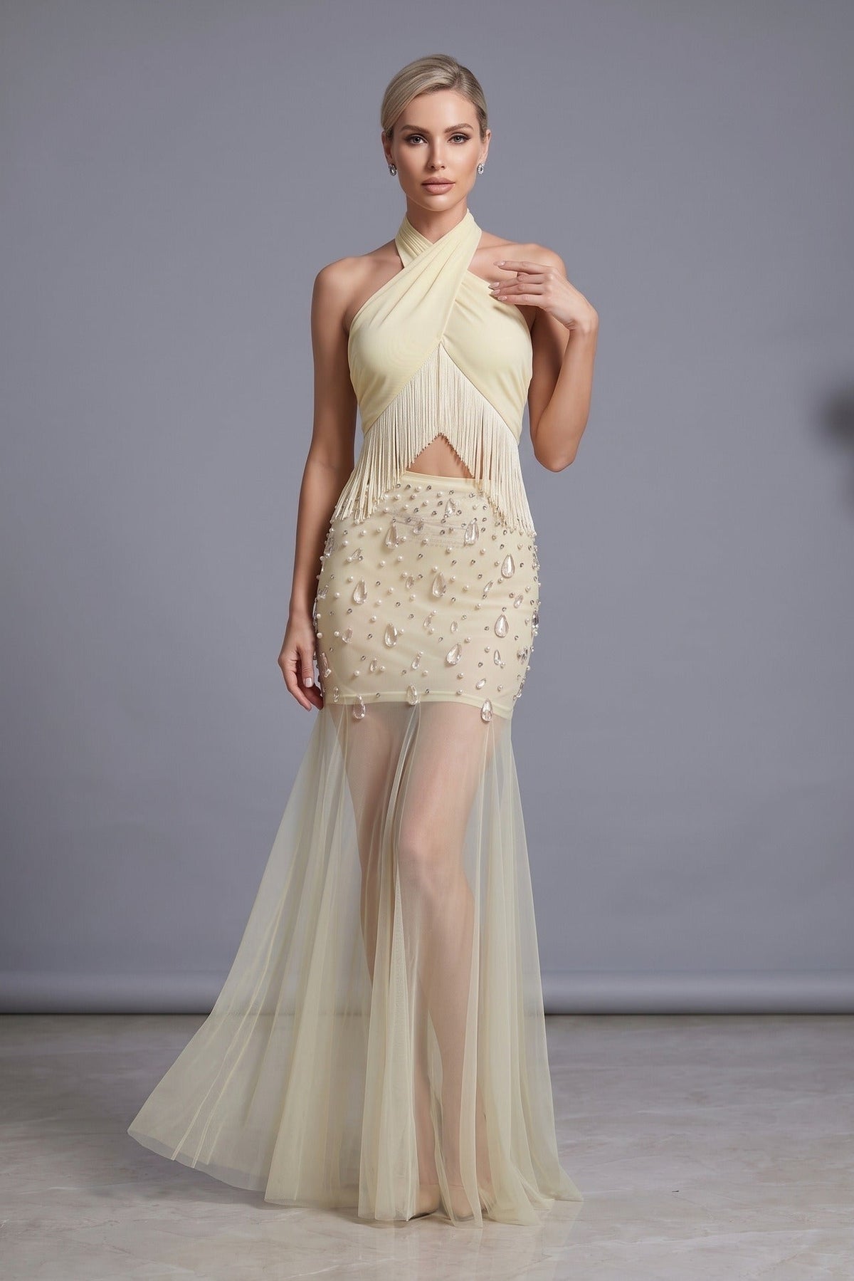 Gurnex Halter Crystal Tassel Detail Maxi Dress