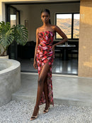 Kessari Strapless Red Floral Ruched Side Split Maxi Dress