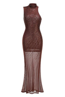 Felnor Sleeveless Rhinestone Mesh Maxi Dress