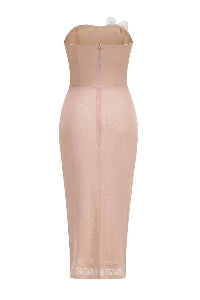 Qelvan Strapless Flower Embellished Midi Dress