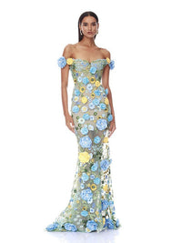 Jorelle Floral Jasmine Off the Shoulder Blue Multi Maxi Dress
