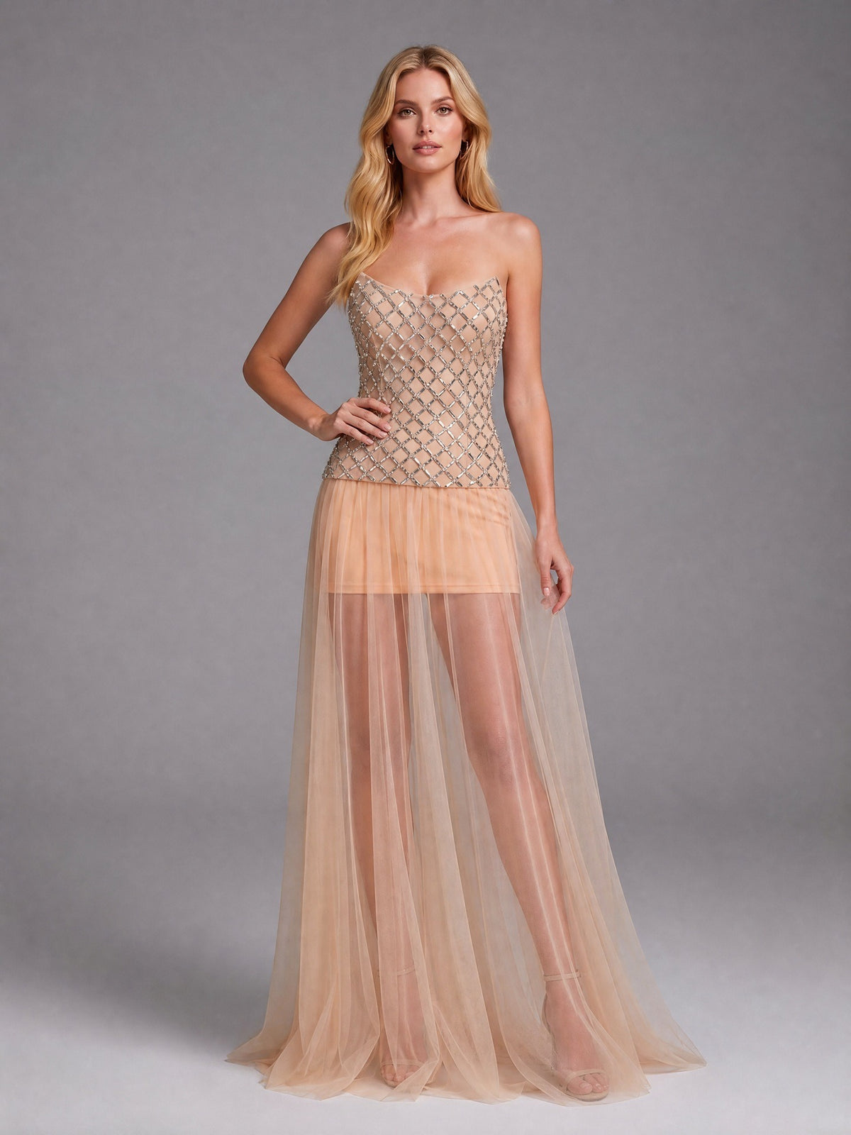 Corvenk Strapless Embellished Mesh A Line Maxi Dress