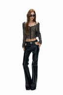 Woldik Sequin-Embellished Cropped Jacket and Cut-Out Leather Pants Set