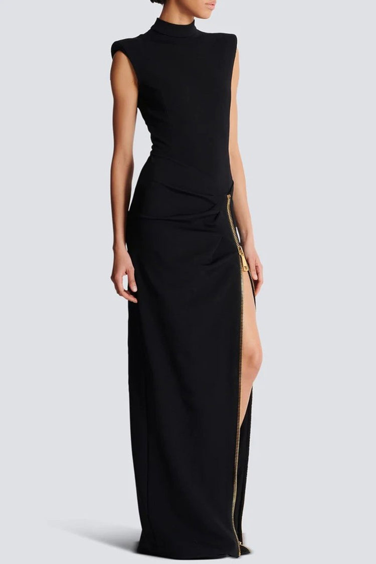 Elana Draped Zipper Detail Maxi Dress In Black