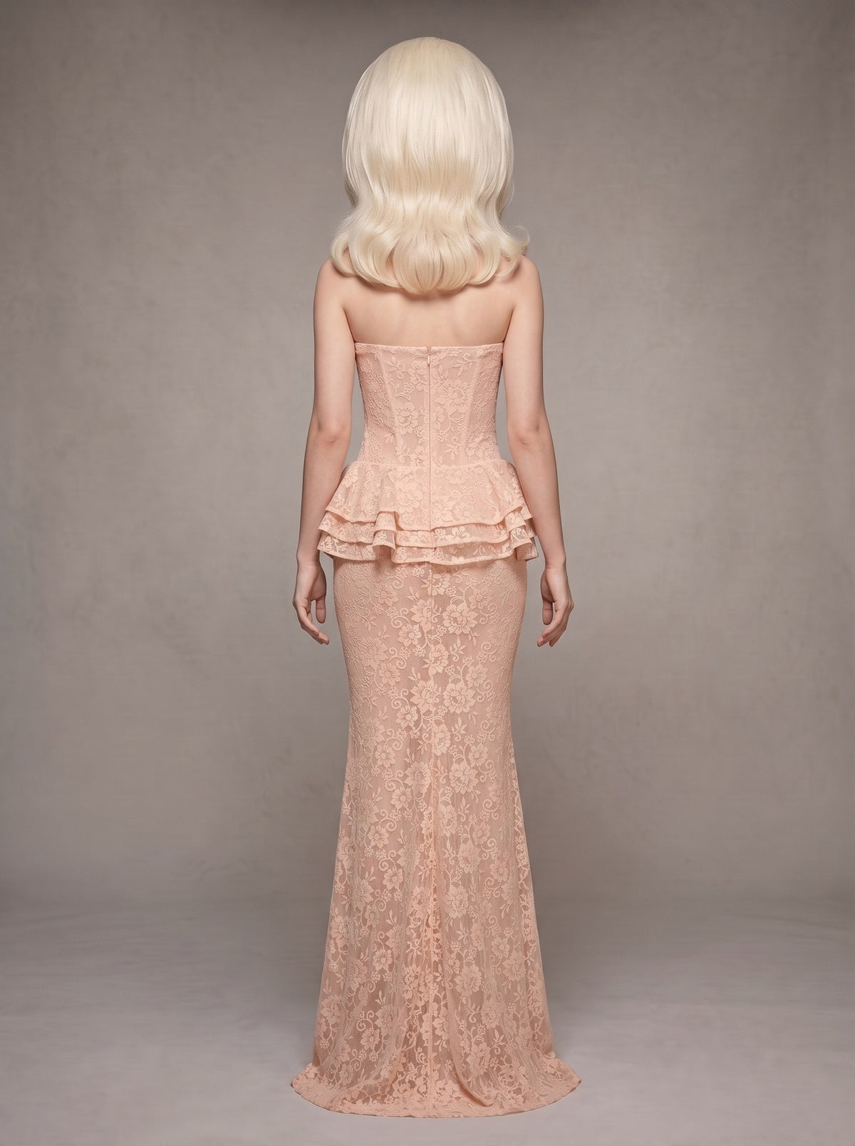 Luvren Pink Strapless Lace Peplum Maxi Dress