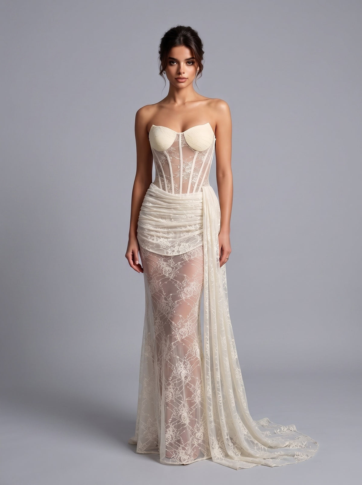 Marnex Strapless Draped Lace Bustier Maxi Dress