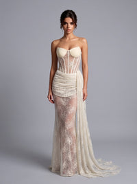 Marnex Strapless Draped Lace Bustier Maxi Dress