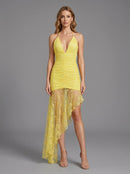 Iovrek Yellow Halter Neck Lace Maxi Dress