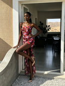 Kessari Strapless Red Floral Ruched Side Split Maxi Dress