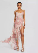 Ares Floral-Print Ruffled Silk Midi Dress In Pink