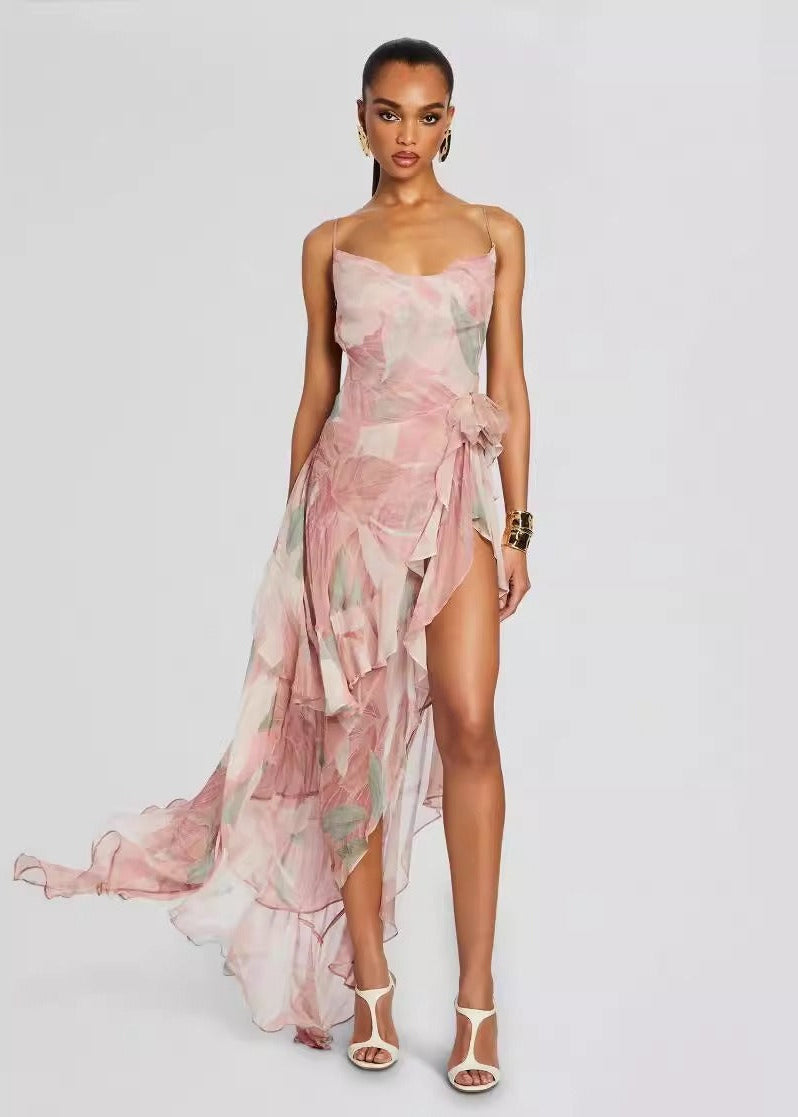 Ares Floral-Print Ruffled Silk Midi Dress In Pink