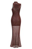 Felnor Sleeveless Rhinestone Mesh Maxi Dress