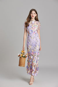Chesley Floral Embroidery Mesh Fishtail Midi Dress