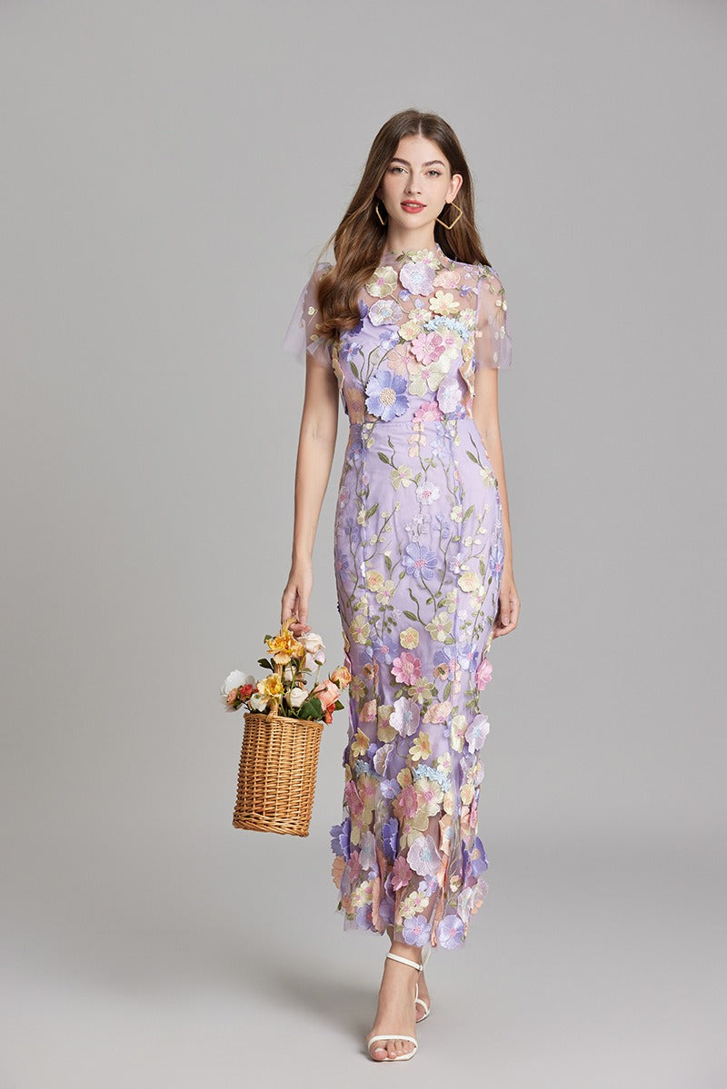 Chesley Floral Embroidery Mesh Fishtail Midi Dress